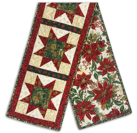 Fully FINISHED North Star Table Runner - Christmas Blossom Gold Poinsettia