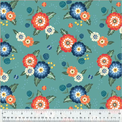 Windham Clover & Dot 53861 3 Dahlia Bouquets Soft Teal By The Yard