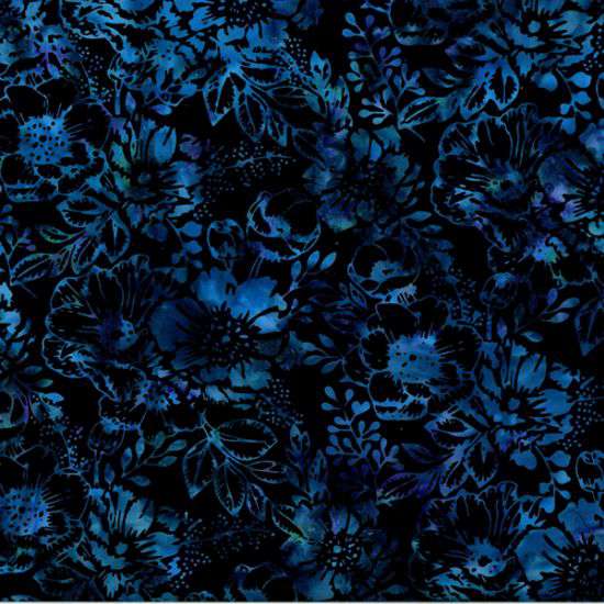 Batik Fabric By Half-Yard Blue Lt Gray Floral Black Hoffman Premium Cotton  #59