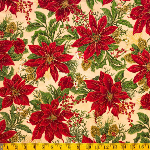 Jordan Fabrics Metallic Christmas Blossom 10001 6 Cream/Gold Poinsettia Bouquet By The Yard