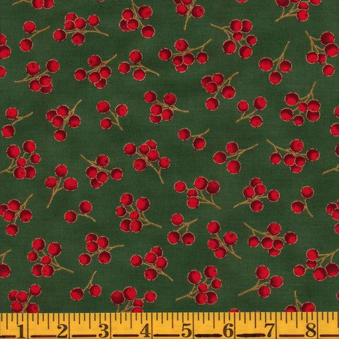 Jordan Fabrics Metallic Christmas Blossom 10010 8 Green/Gold Winter Berry By The Yard