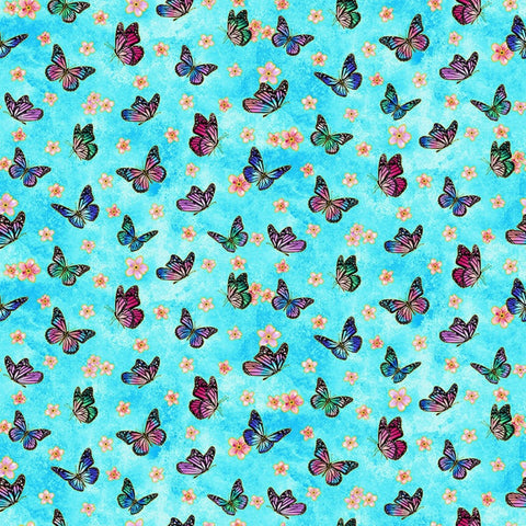 Blank Quilting Sunrise Garden 2241 70 Aqua Small Butterflies and Flower Heads By The Yard