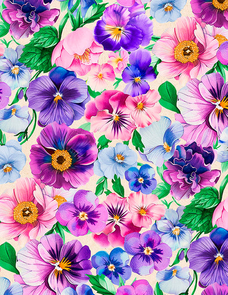 Wilmington Pansy Fields EXTRA WIDE 9051 276 Cream Packed Florals 108" WIDE - 2.5 YARD CUT