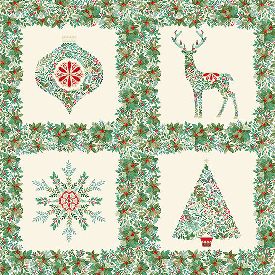 Andover/Makower Good Tidings MU111 Q Cream Squares 24" Block PANEL By The PANEL (Not Strictly By The Yard)