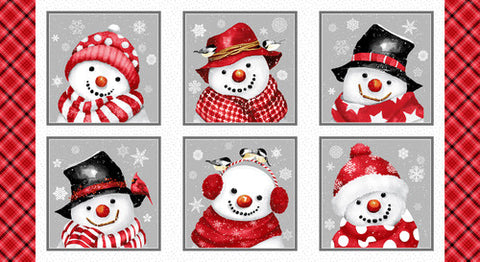 Henry Glass & Co. Snow Crew 1284 89 Red/Grey Snowman Block 24" PANEL By The PANEL (not strictly by the yard)