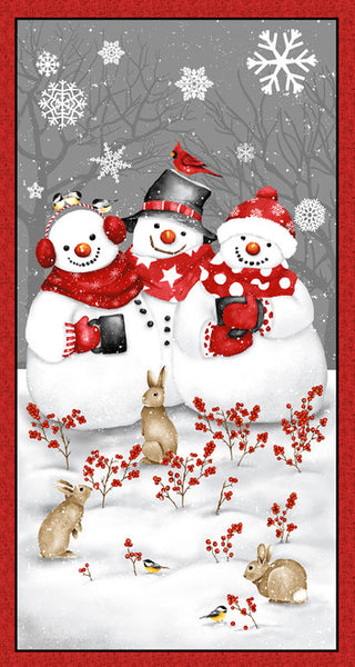 Henry Glass & Co. Snow Crew 1296 89 Red/Gray Snowman Forest 24" PANEL By The PANEL (not strictly by the yard)