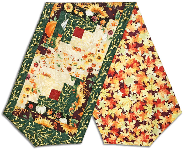 Fully FINISHED Log Cabin Table Runner - Fall Blooms Fall Leaves