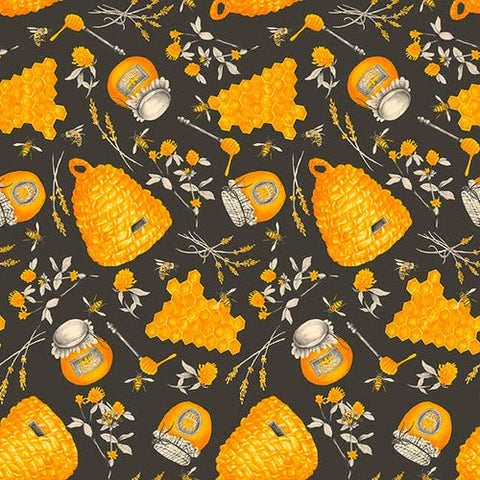 Blank Quilting Show Me The Honey 1339 95 Gray Beehives And Honey Jars 1.33 YARDS