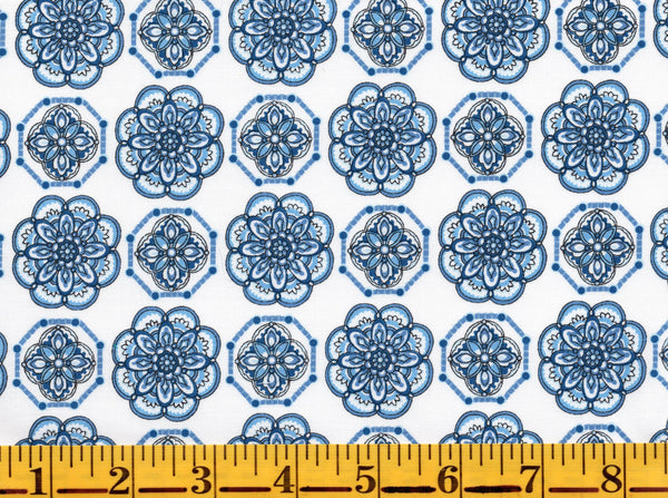 Benartex Bluesette 13447 09 White/Blue Tile Medallion By The Yard ...