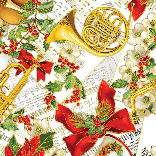 Benartex Metallic - Christmas Musical 14022M 07 Christmas Serenade Cream By The Yard