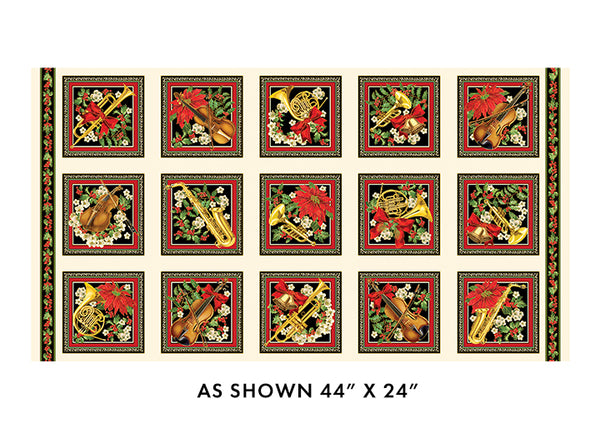 Benartex Metallic - Christmas Musical 14026M 12 Musical Boxes 24" PANEL By The PANEL (not strictly by the yard)