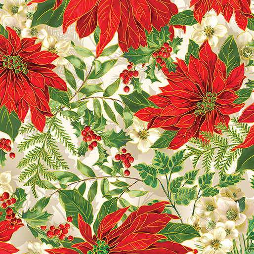 Benartex Metallic - Christmas Musical 14027M 07 Poinsettia Serenade Cream By The Yard