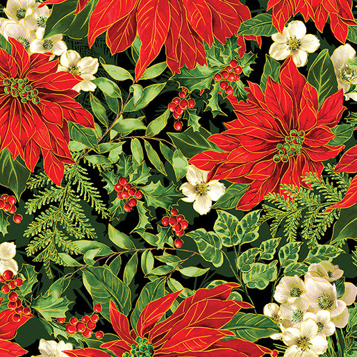 Benartex Metallic - Christmas Musical 14027M 12 Poinsettia Serenade Black By The Yard