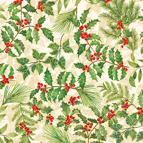 Benartex Metallic - Christmas Musical 14028M 07 Holly & Berries Cream By The Yard