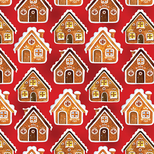 Benartex Sugar & Spice 14569 10 Gingerbread Houses Red By The Yard