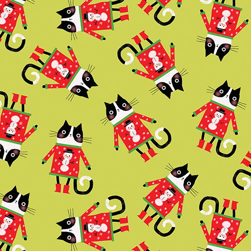 Benartex Meowy Christmas 16236 44 Cat In A Sweater Toss Lime By The Yard