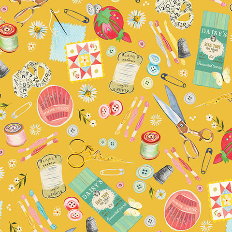Benartex Love & Stitches 16895 33 Yellow Love Is The Thread By The Yard