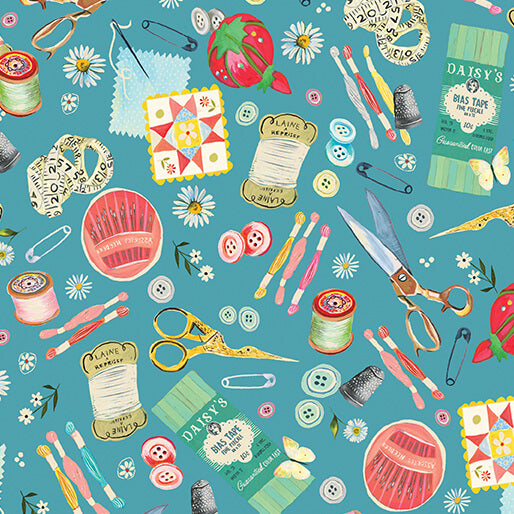 Benartex Love & Stitches 16895 84 Teal Love Is The Thread By The Yard