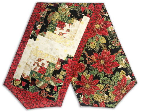 Jordan Fabrics vorgeschnittenes Blockhütten-Tischläufer-Set – Weihnachtsblüten-goldene Weihnachtssterne