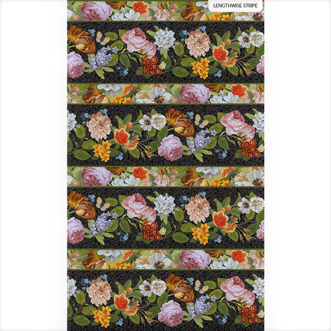 Northcott Covent Garden 23808 99 Black Multi Floral Stripe 4.5 YARDS