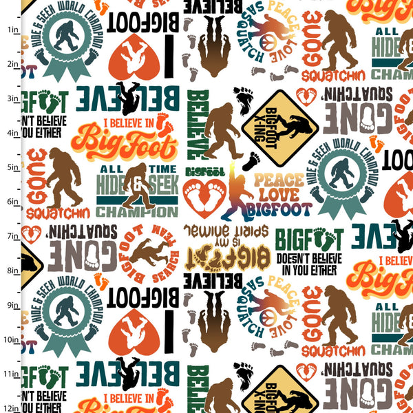 3 Wishes Fabrics/Studio E - Legendary Loner 23816 White I Believe In Bigfoot By The Yard