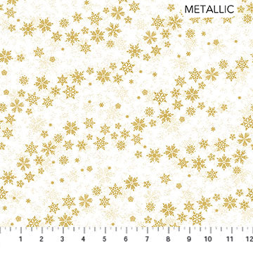 Northcott Metallic Shimmer Frost 24197M 10 White/Gold Blowing Snowflakes 1.125 YARDS