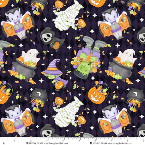 Henry Glass & Co. Moonlight Mischief 2552G 55 Dark Purple Tossed Motifs Glow By The Yard