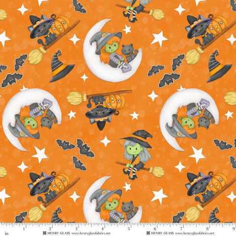 Henry Glass & Co. Moonlight Mischief 2560G 33 Orange Witch & Cat On Moon Glow By The Yard