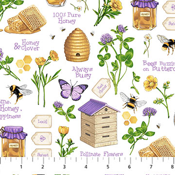 Northcott Honey & Clover 27031 10 Honey & Hives Weiß Multi Meterware
