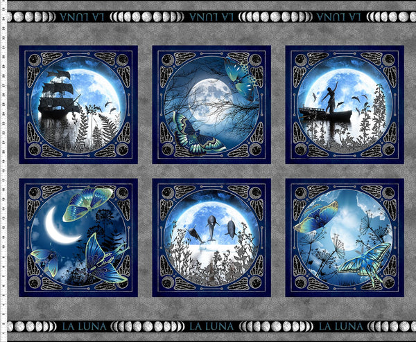 In The Beginning La Luna 2LL 1M Blue/Silver Small Blocks 36" PANEL By The PANEL (Not Strictly By The Yard)