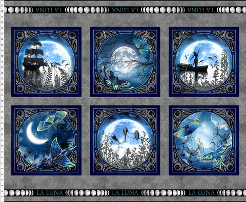 In The Beginning La Luna 2LL 1M Blue/Silver Small Blocks 36" PANEL By The PANEL (Not Strictly By The Yard)