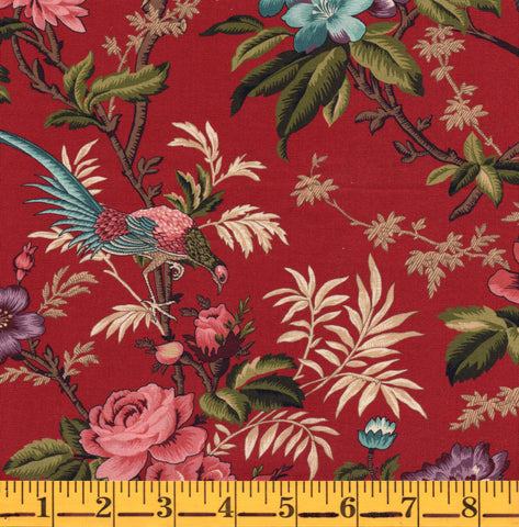 Henry Glass & Co. Bucklebury Chintz 3122 88 Red Main Bird Print By The Yard