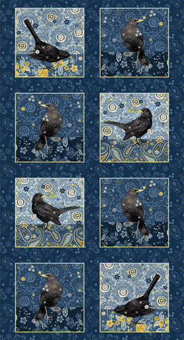 Henry Glass & Co. Blackbirds Calling 3207 77 Navy Blocks 24" PANEL By The PANEL (not strictly by the yard)