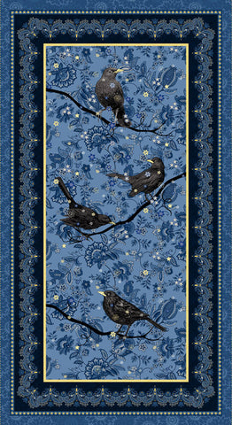 Henry Glass & Co. Blackbirds Calling 3209P 77 Navy 24" PANEL By The PANEL (not strictly by the yard)