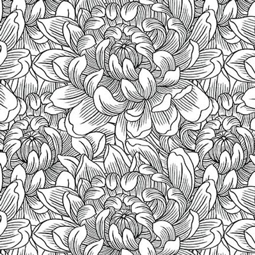 Henry Glass & Co. Scarlet Days & Nights 3299 11 White Pen & Ink Peonies By The Yard