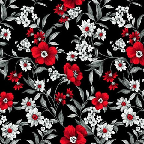 Henry Glass & Co. Scarlet Days & Nights 3300 99 Black Small Flowers By The Yard