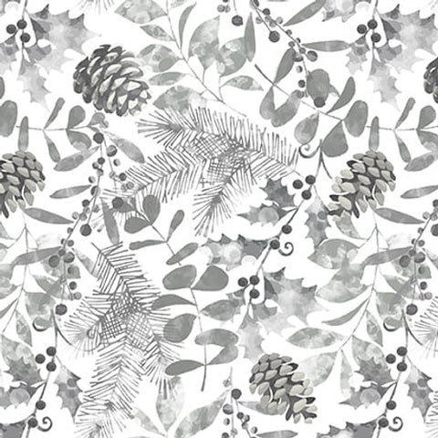 Blank Quilting Holiday Style 3397 90 Light Gray Winter Foliage With Pine Cones By The Yard