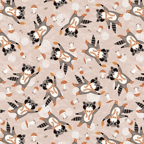 Blank Quilting Digital - Cheerful Cheeks 3483 45 Light Taupe Tossed Racoons By The Yard