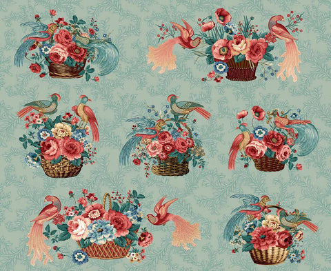 Henry Glass & Co. Philomena 3484 17 Light Teal Baskets & Birds By The Yard