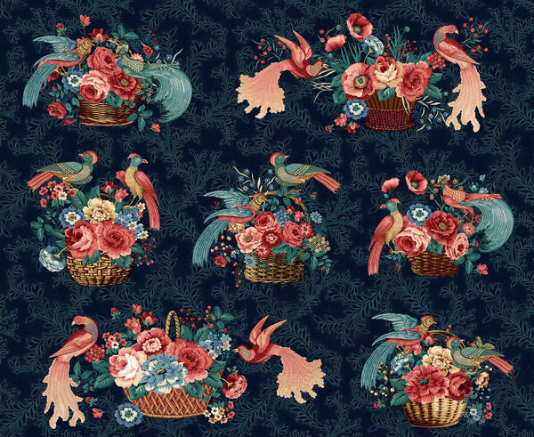 Henry Glass & Co. Philomena 3484 77 Prussian Blue Baskets & Birds By The Yard