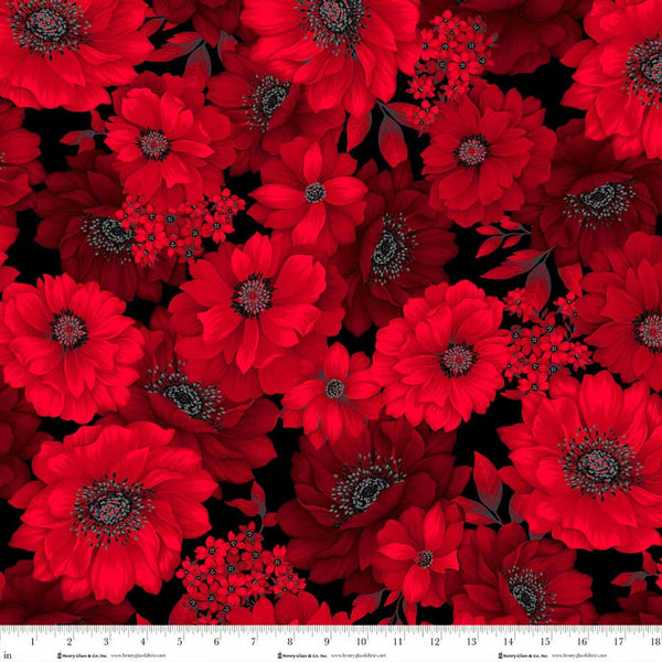 Henry Glass & Co. Scarlet's Treasure 3640 98 Black Red Large Floral By The Yard