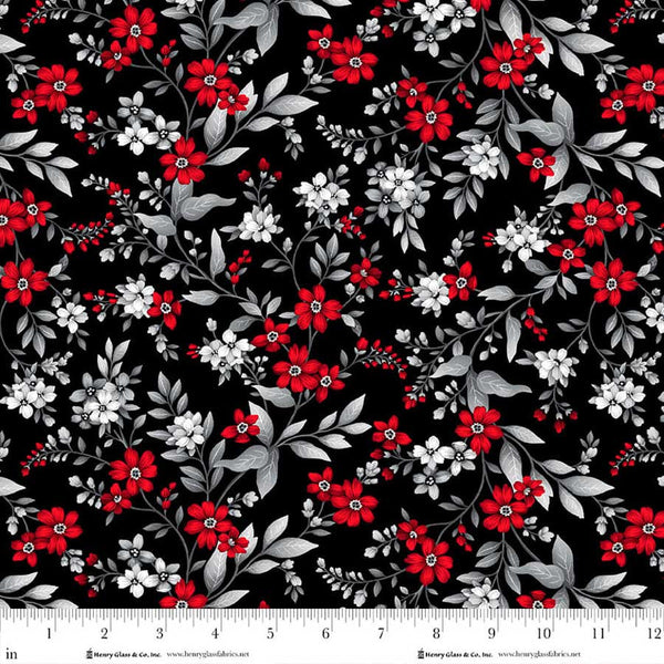 Henry Glass & Co. Scarlet's Treasure 3647 98 Black Red Floral Vine By The Yard