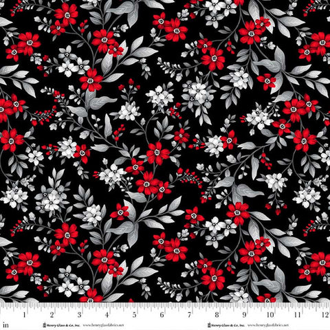 Henry Glass & Co. Scarlet's Treasure 3647 98 Black Red Floral Vine By The Yard