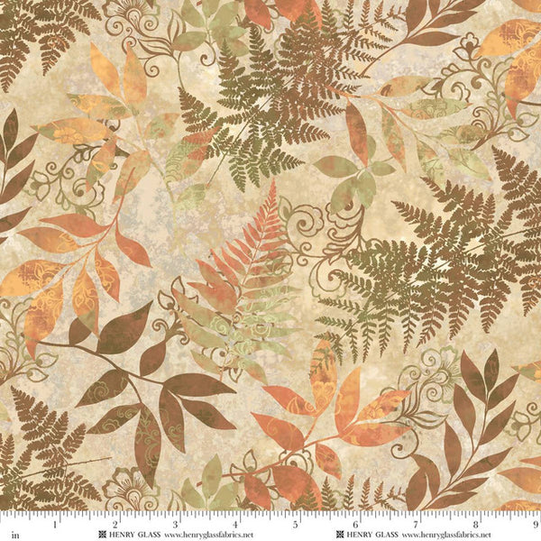 Henry Glass & Co. Oak & Berries 3648 44 Cream Mixed Media Leaves By The Yard