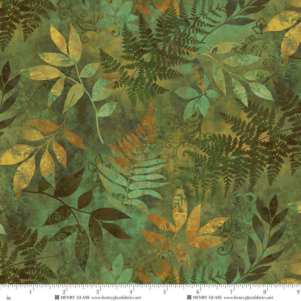 Henry Glass & Co. Oak & Berries 3648 66 Green Mixed Media Leaves By The Yard