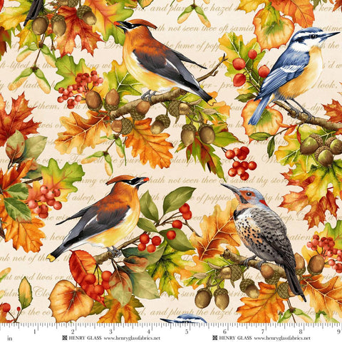 Henry Glass & Co. Oak & Berries 3653 44 Cream Multi Allover Birds & Leaves By The Yard