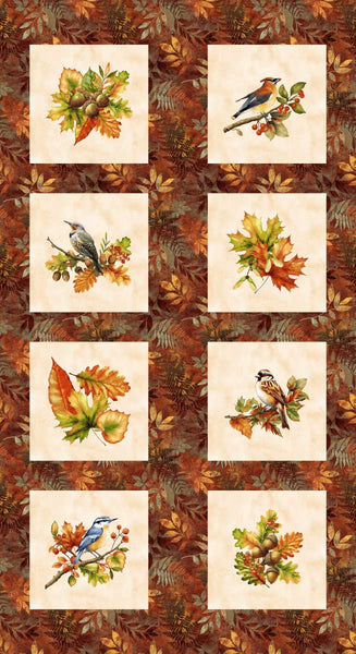Henry Glass & Co. Oak & Berries 3656B 83 Autumn Multi Bird Bocks 24" PANEL By The PANEL (Not Strictly By The Yard)
