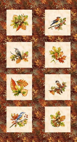 Henry Glass & Co. Oak & Berries 3656B 83 Autumn Multi Bird Bocks 24" PANEL By The PANEL (Not Strictly By The Yard)