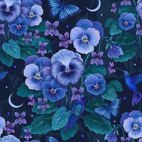 Blank Quilting - Jardin De Lune Glow 3824G 99 Black Pansy With Hummingbird By The Yard