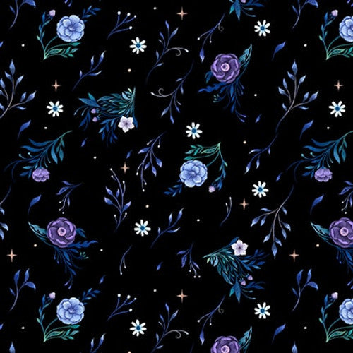 Blank Quilting - Jardin De Lune Glow 3825G 99 Black Tossed Small Floral By The Yard